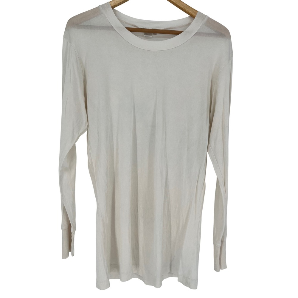 WINTERSILKS Long Sleeve T-Shirt Womens Large Ivory White Pure Silk Ribbed Trim
